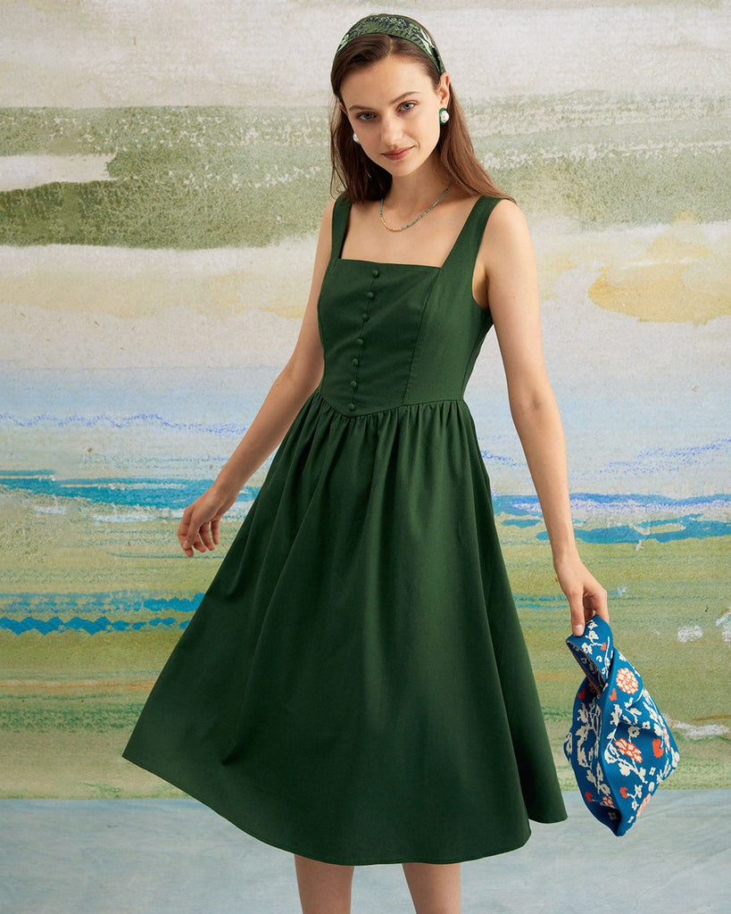The Green Square Neck A-Line Midi Dress Green Dresses - RIHOAS