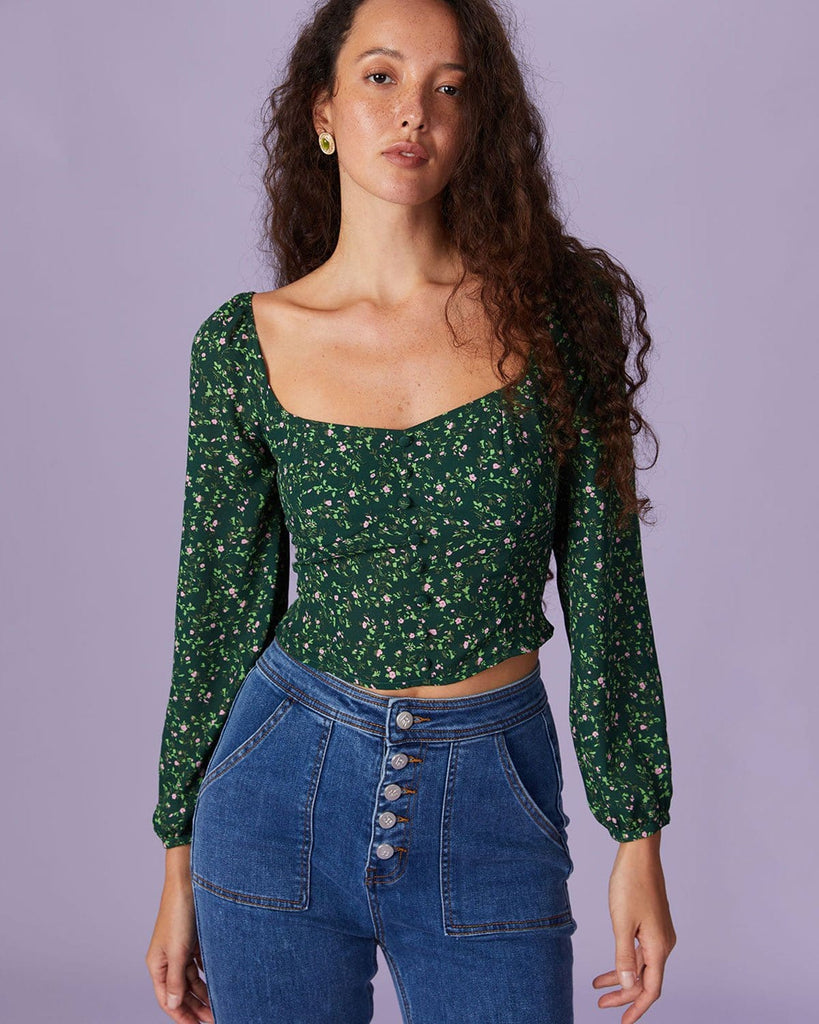 The Green Square Neck Floral Blouse Green Tops - RIHOAS