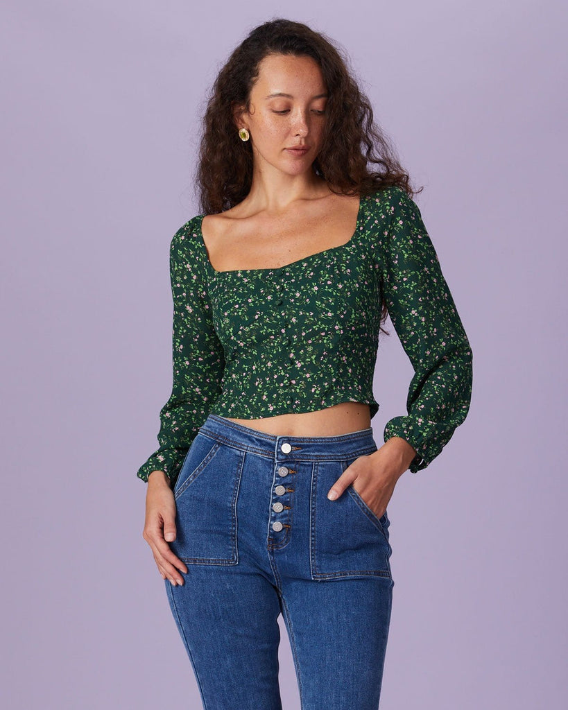 The Green Square Neck Floral Blouse Tops - RIHOAS