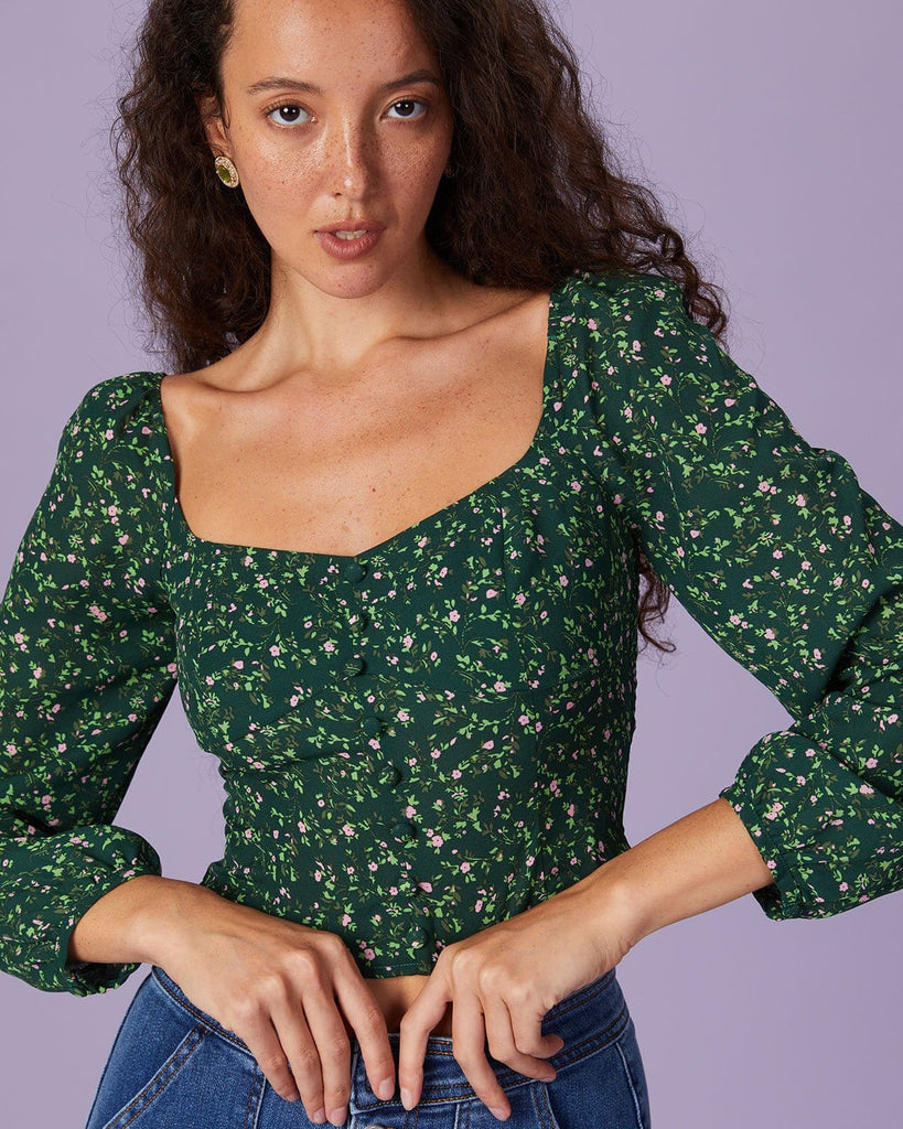 The Green Square Neck Floral Blouse Tops - RIHOAS
