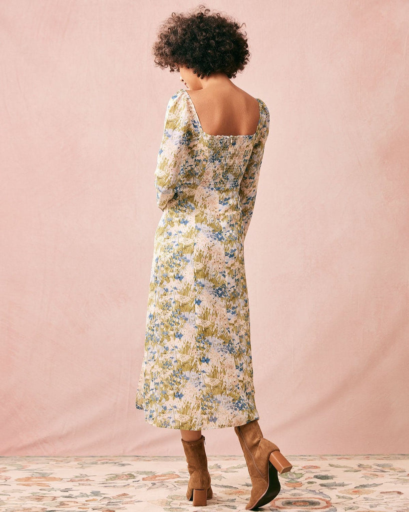 The Green Square Neck Puff Sleeve Midi Dress Dresses - RIHOAS