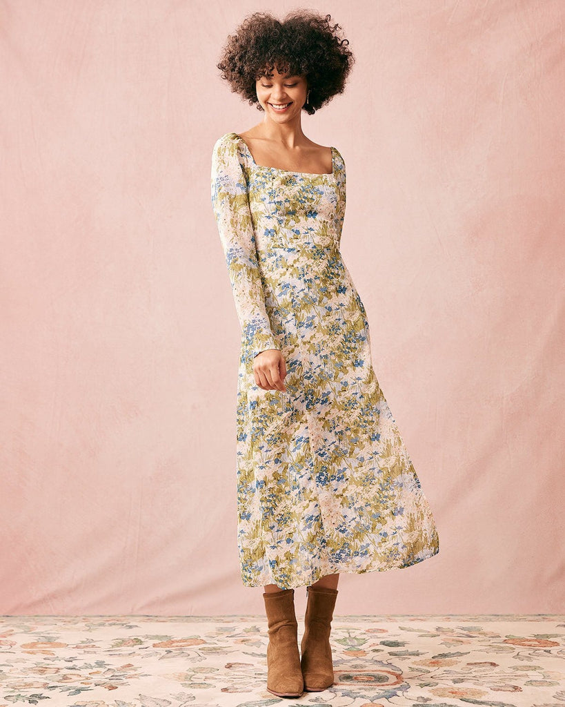 The Green Square Neck Puff Sleeve Midi Dress Dresses - RIHOAS
