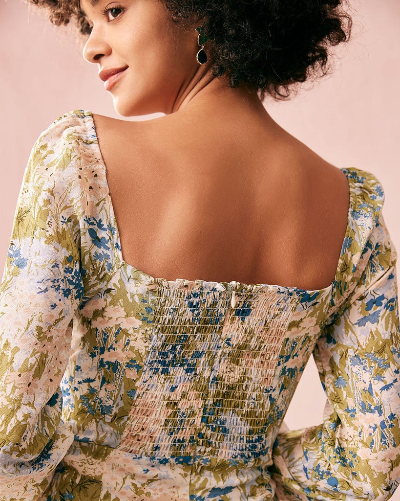 The Green Square Neck Puff Sleeve Midi Dress Dresses - RIHOAS