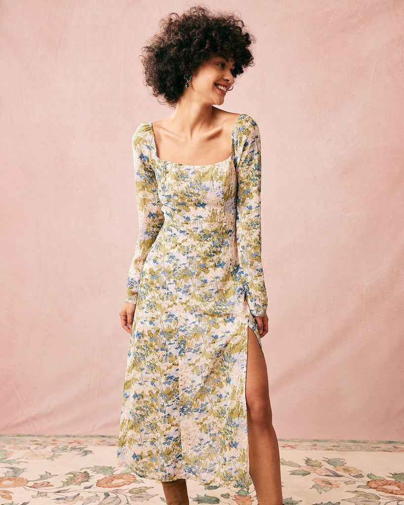 The Green Square Neck Puff Sleeve Midi Dress Dresses - RIHOAS
