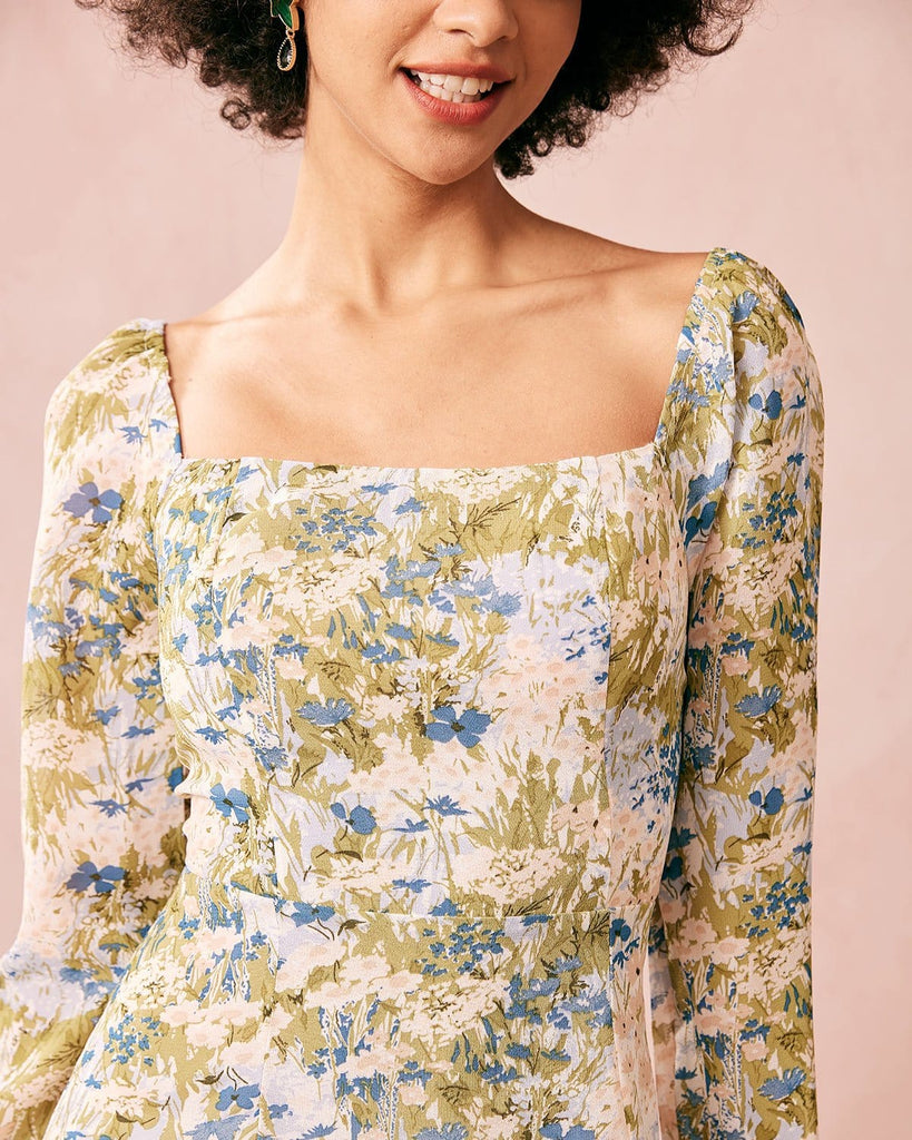 The Green Square Neck Puff Sleeve Midi Dress Dresses - RIHOAS