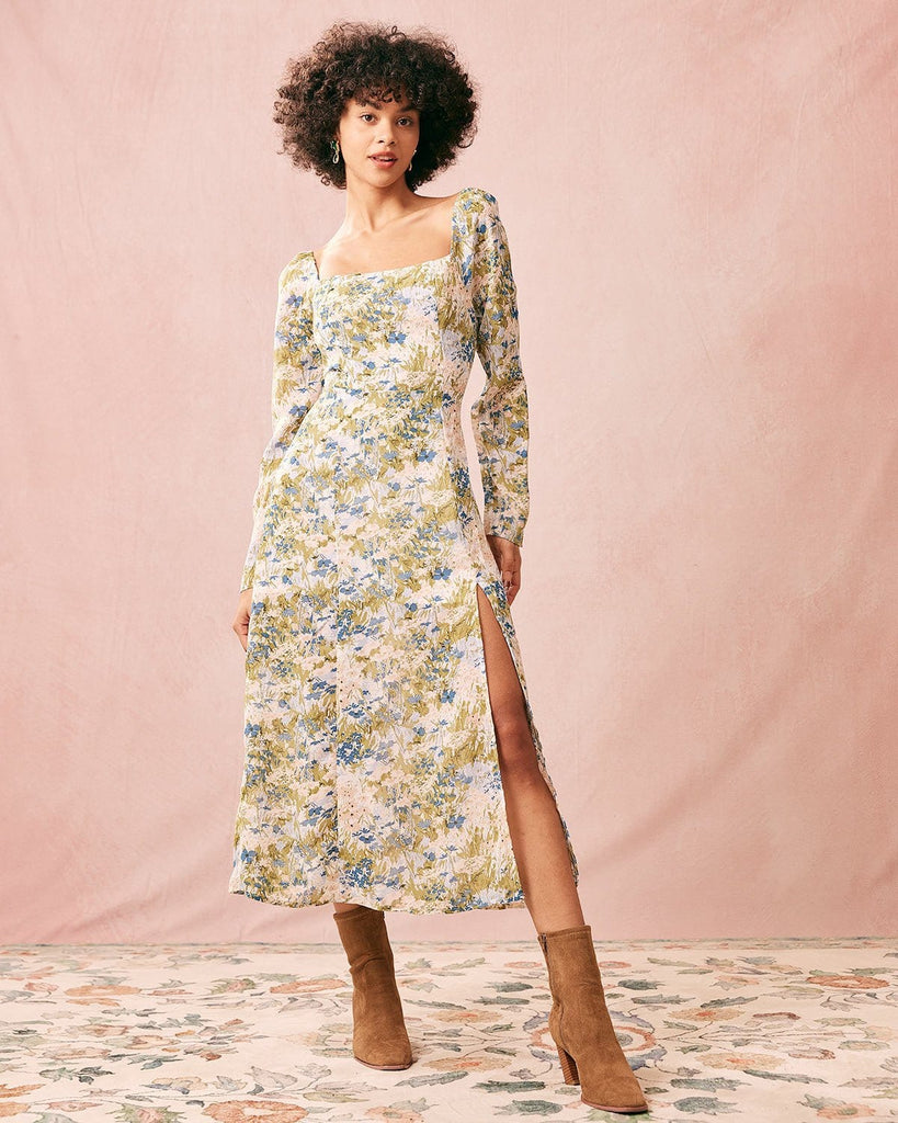 The Green Square Neck Puff Sleeve Midi Dress Green Dresses - RIHOAS