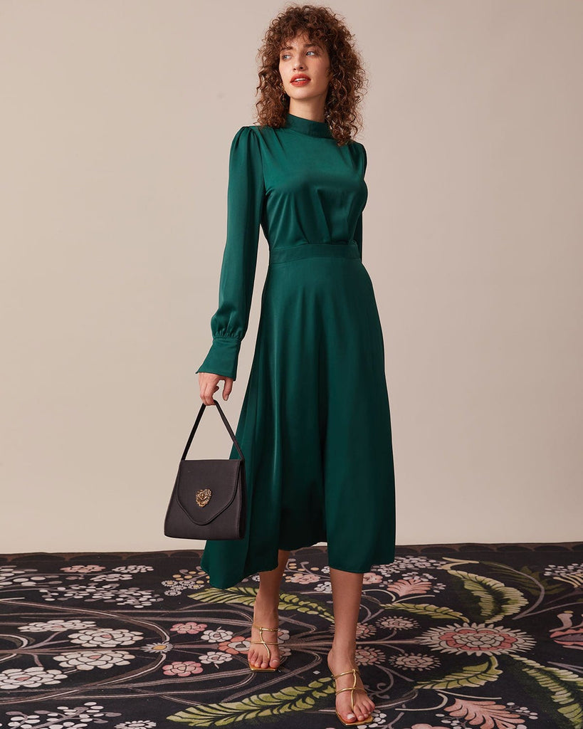 The Green Stand Pleated Satin Dress Dresses - RIHOAS