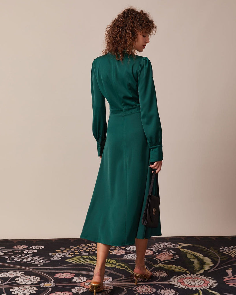 The Green Stand Pleated Satin Dress Dresses - RIHOAS