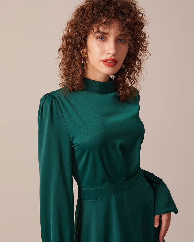 The Green Stand Pleated Satin Dress Dresses - RIHOAS