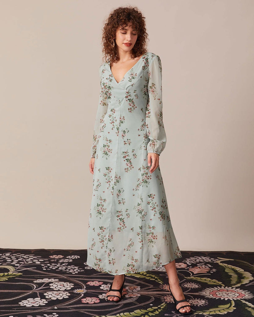 The Green V-Neck Floral Maxi Dress Dresses - RIHOAS