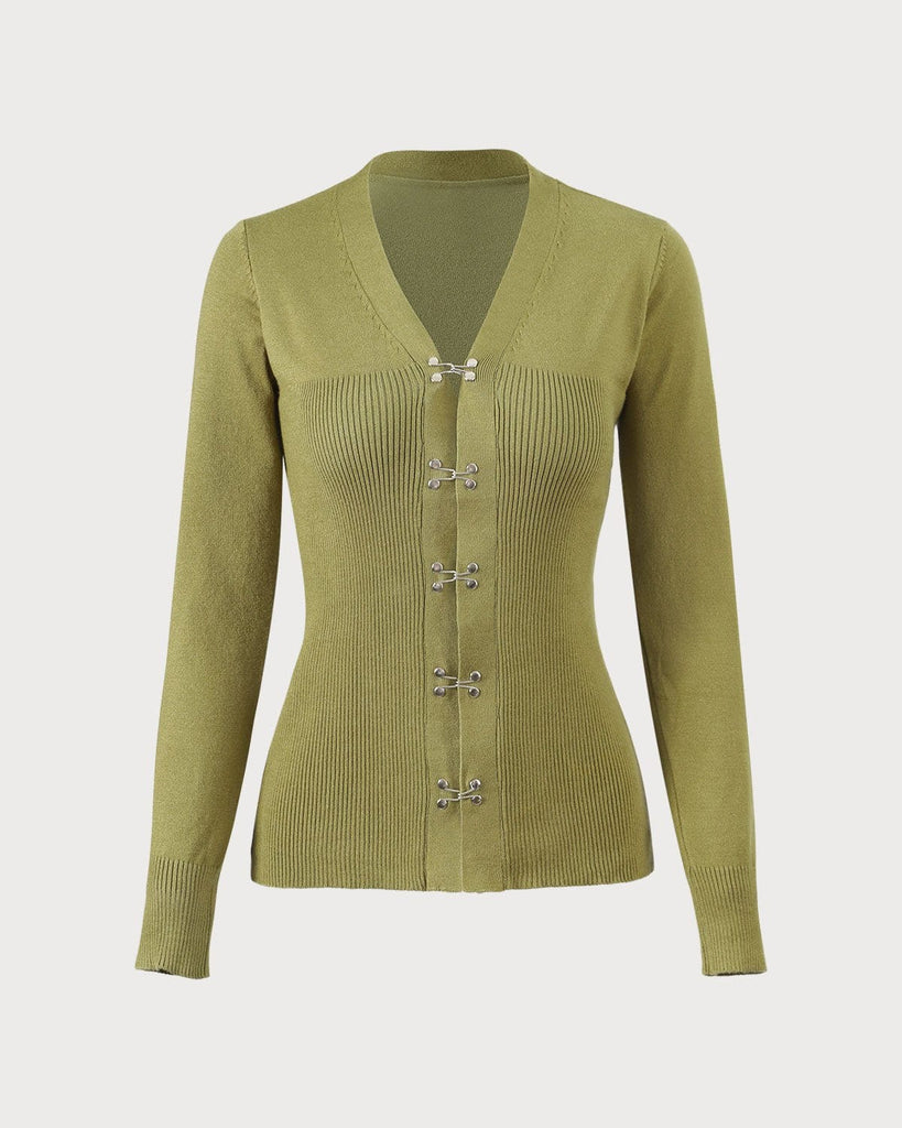 The Green V-Neck Solid Cardigan Green Tops - RIHOAS