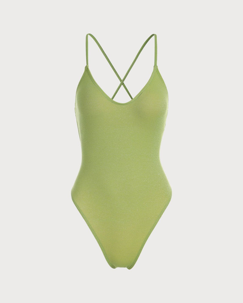 The Green V Neck Cross Back One-Piece Swimsuit Green One-Pieces - RIHOAS