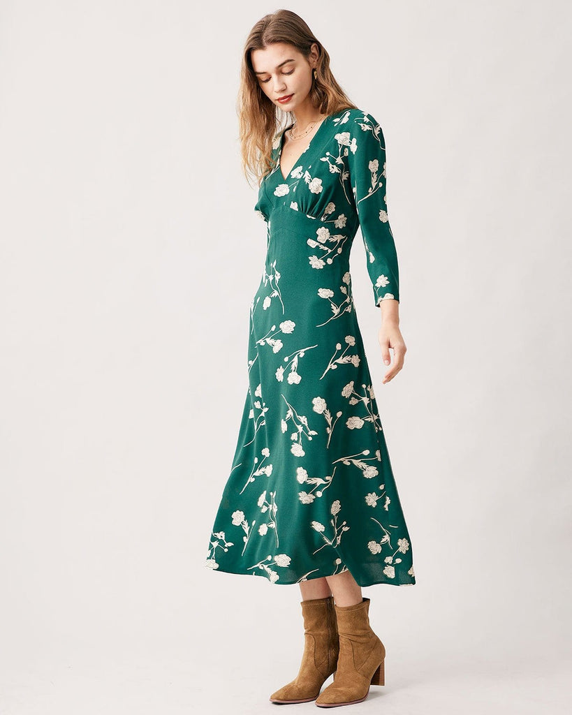 The Green V-neck Floral Dress Dresses - RIHOAS