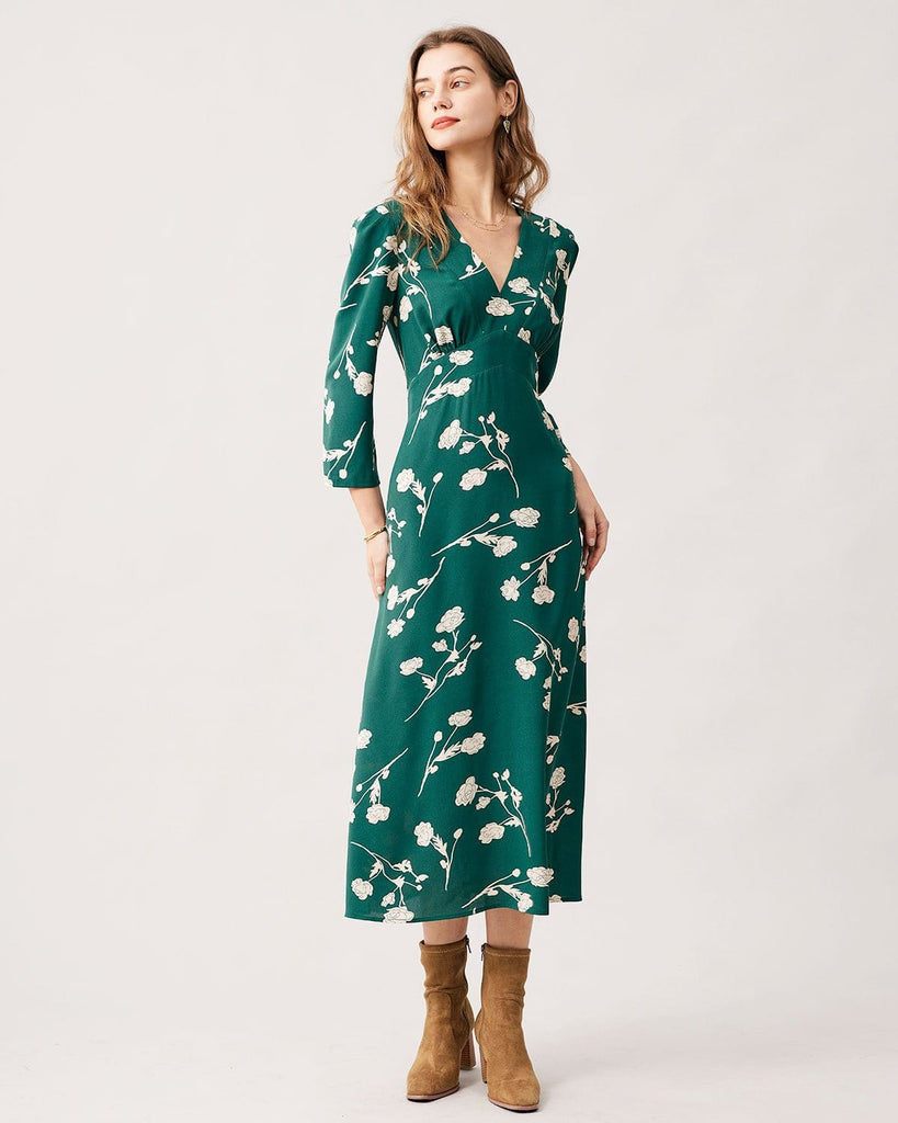 The Green V-neck Floral Dress Dresses - RIHOAS