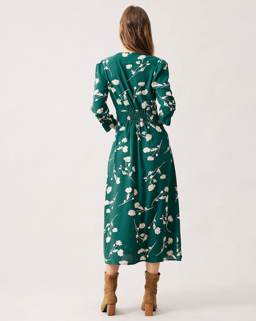 The Green V-neck Floral Dress Dresses - RIHOAS