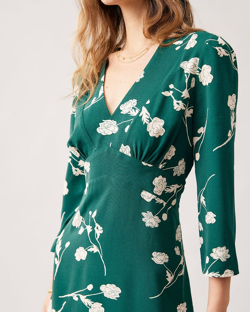 The Green V-neck Floral Dress Dresses - RIHOAS