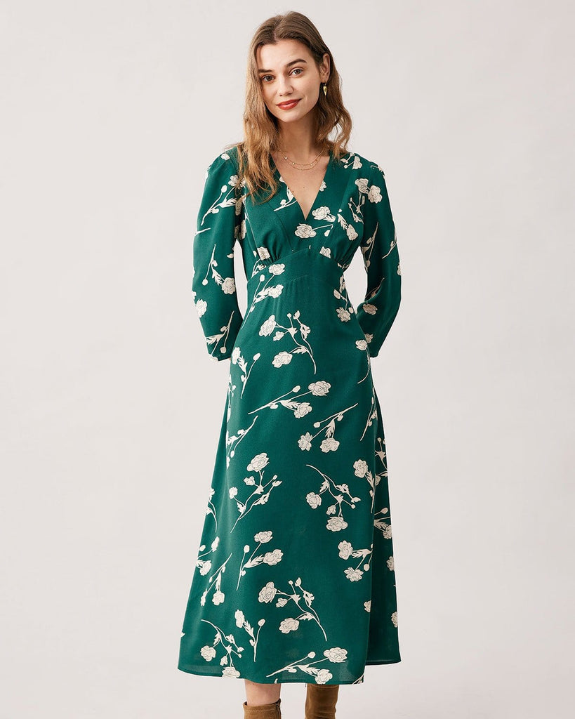 The Green V-neck Floral Dress Green Dresses - RIHOAS