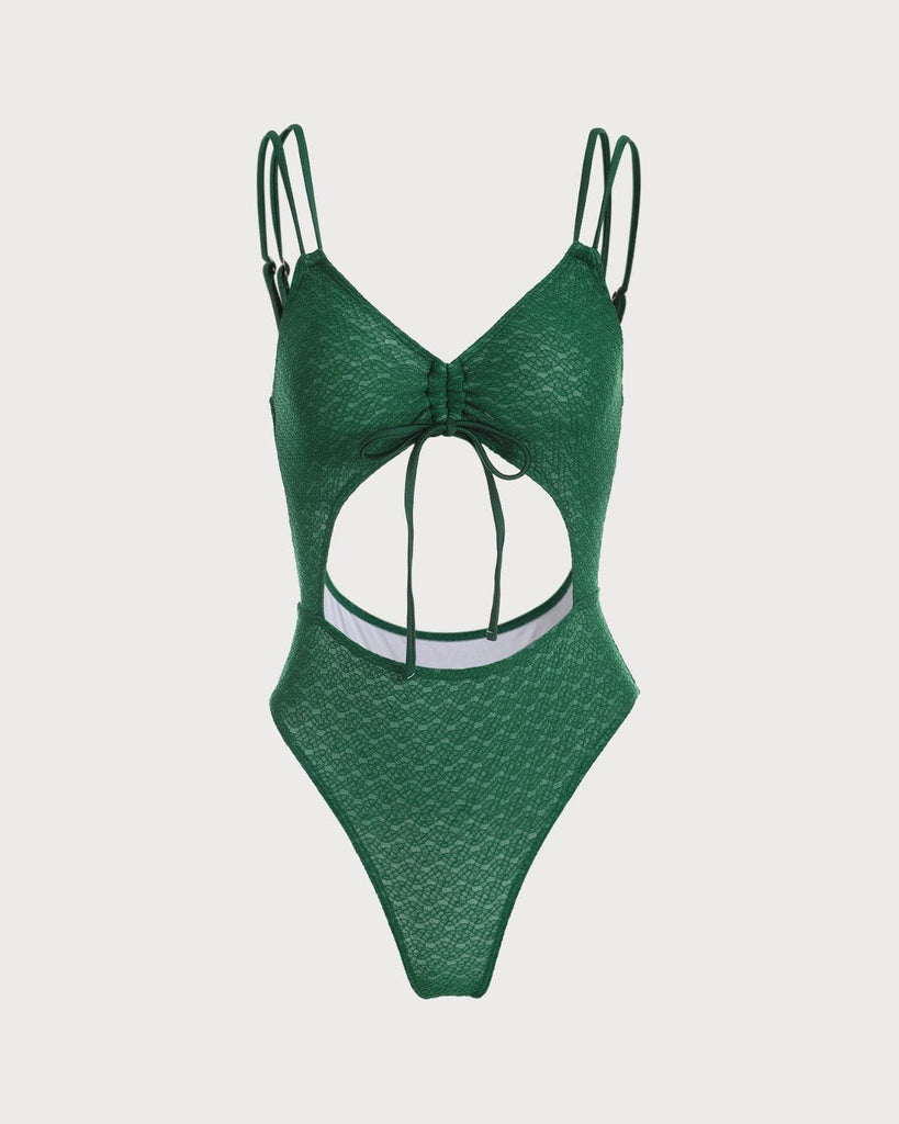 The Green V Neck Hollow Out Textured One-Piece Swimsuit Green One-Pieces - RIHOAS
