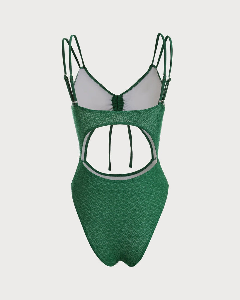 The Green V Neck Hollow Out Textured One-Piece Swimsuit One-Pieces - RIHOAS