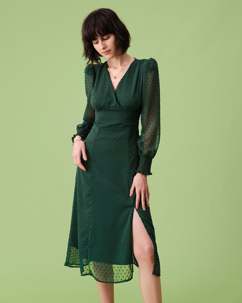 The Green V-neck Jacquard Sheer Sleeve Dress Green Dresses - RIHOAS