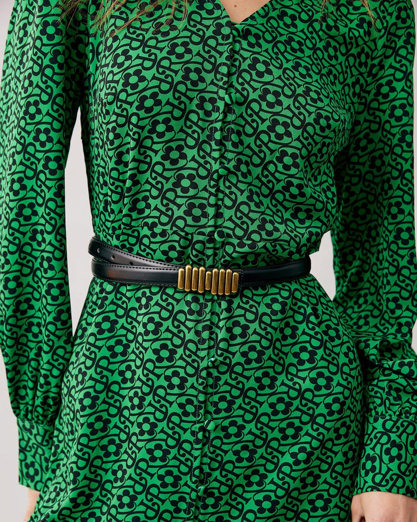 The Green V-neck Letter Print Midi Dress Dresses - RIHOAS
