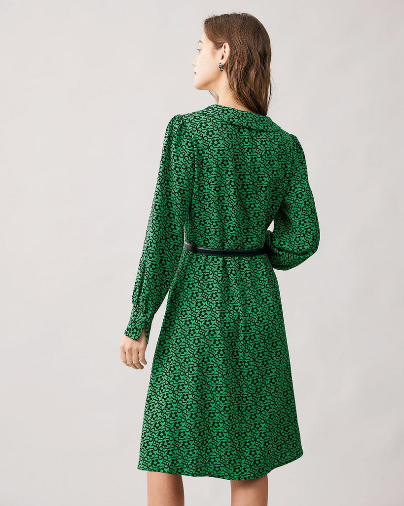 The Green V-neck Letter Print Midi Dress Dresses - RIHOAS