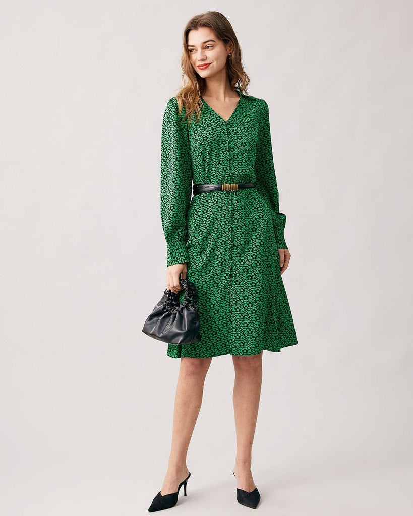 The Green V-neck Letter Print Midi Dress Dresses - RIHOAS