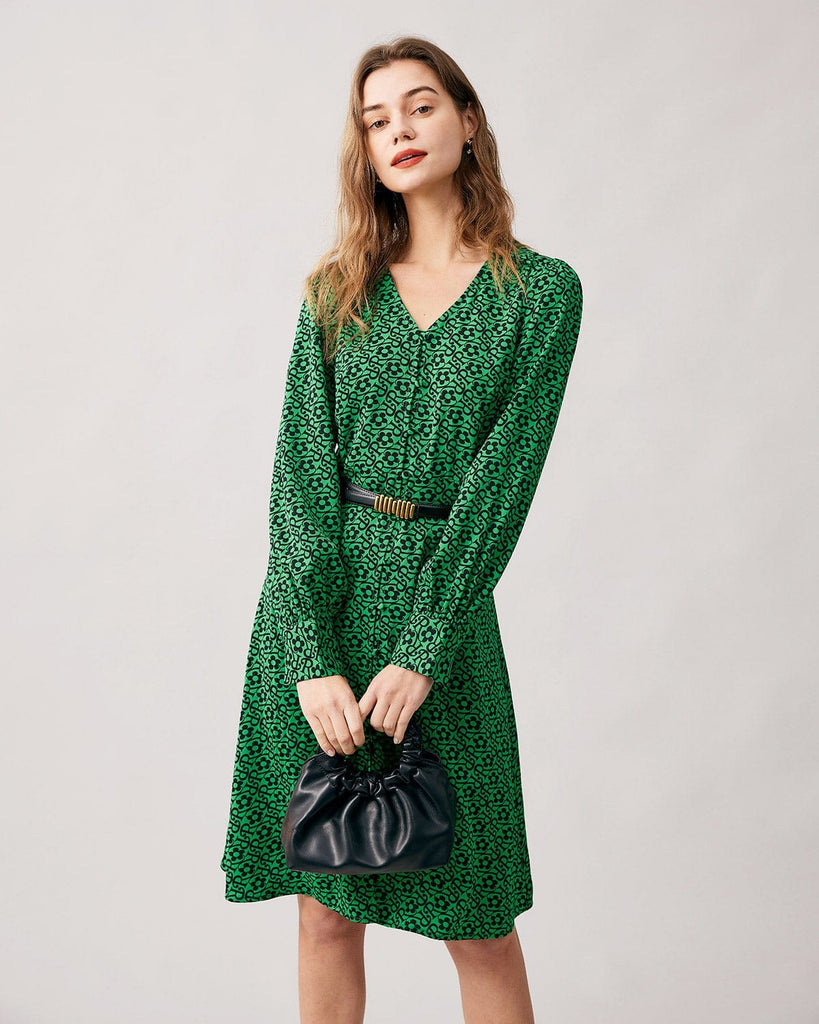 The Green V-neck Letter Print Midi Dress Dresses - RIHOAS