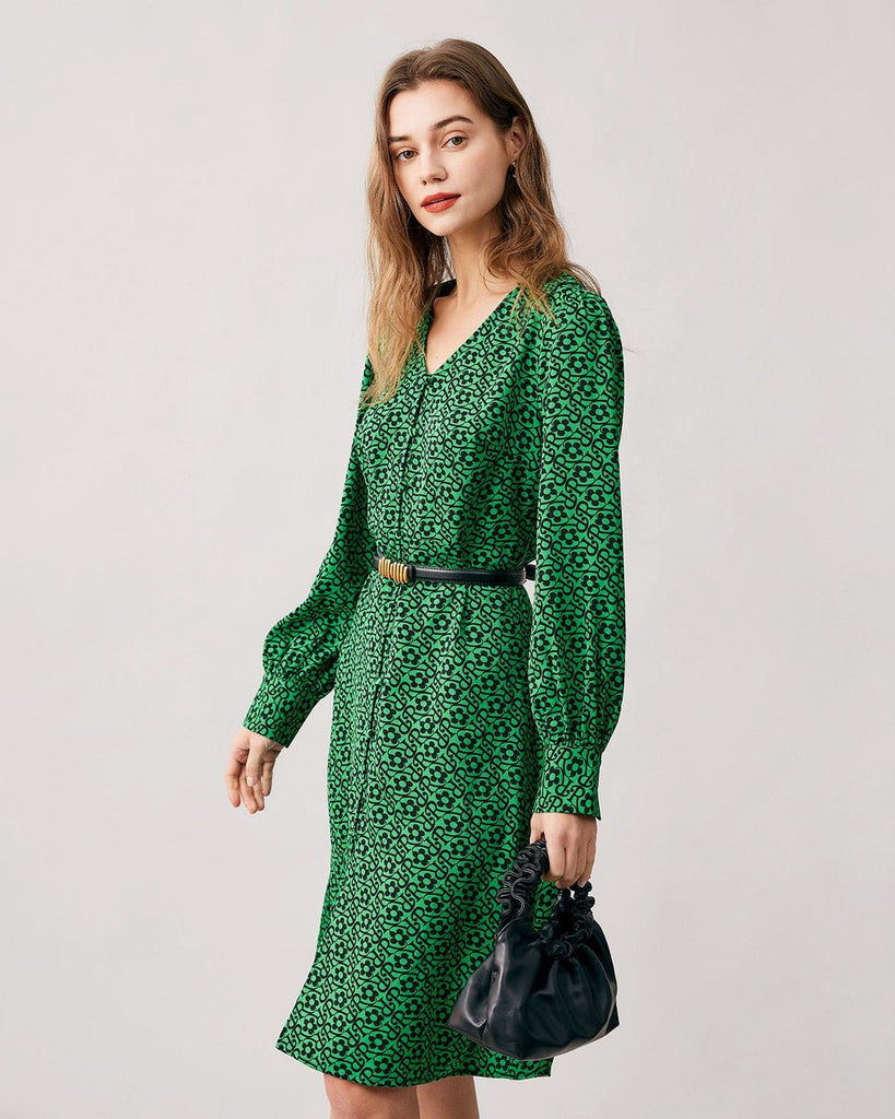 The Green V-neck Letter Print Midi Dress Dresses - RIHOAS