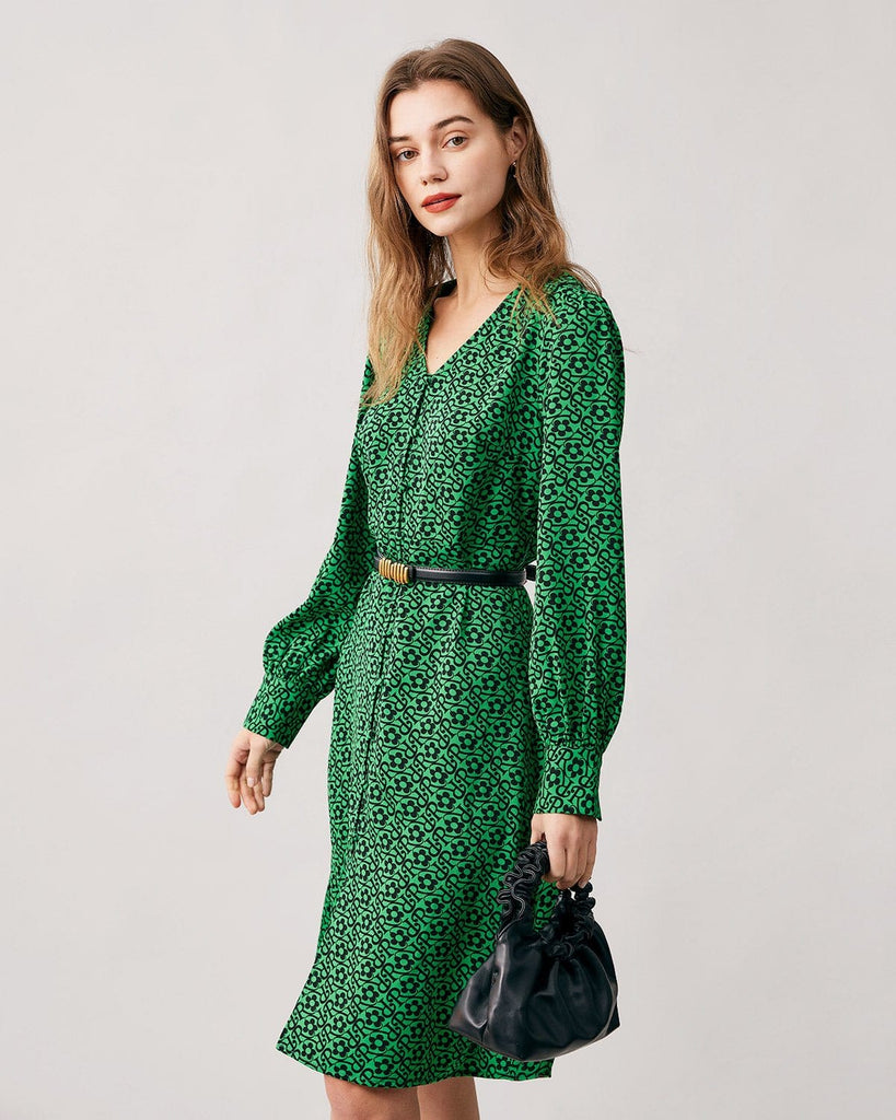 The Green V-neck Letter Print Midi Dress Dresses - RIHOAS