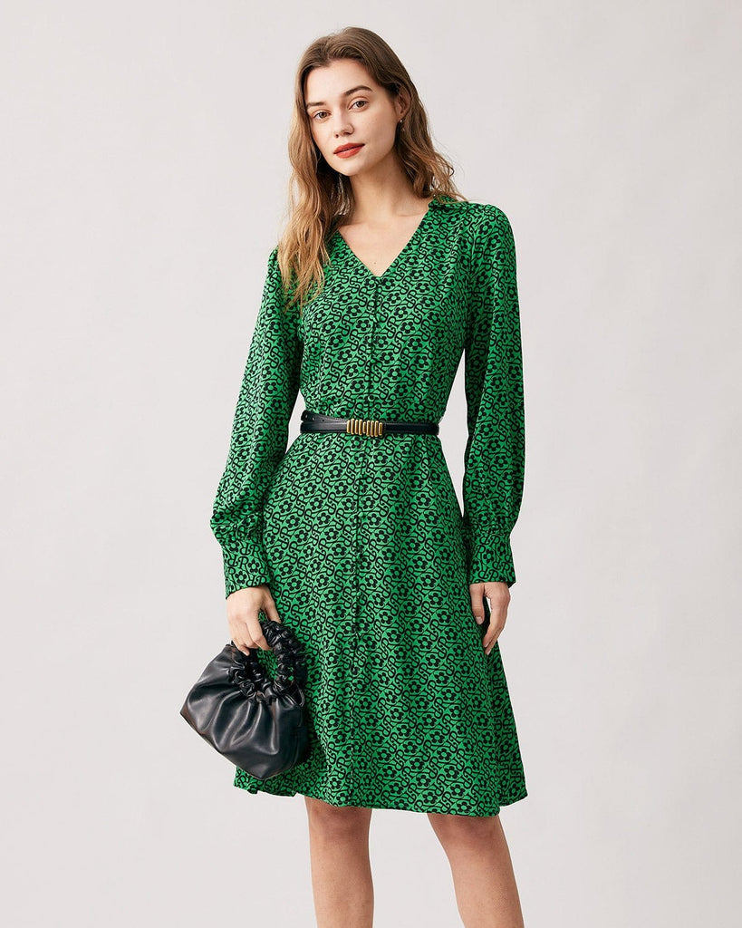 The Green V-neck Letter Print Midi Dress Green Dresses - RIHOAS