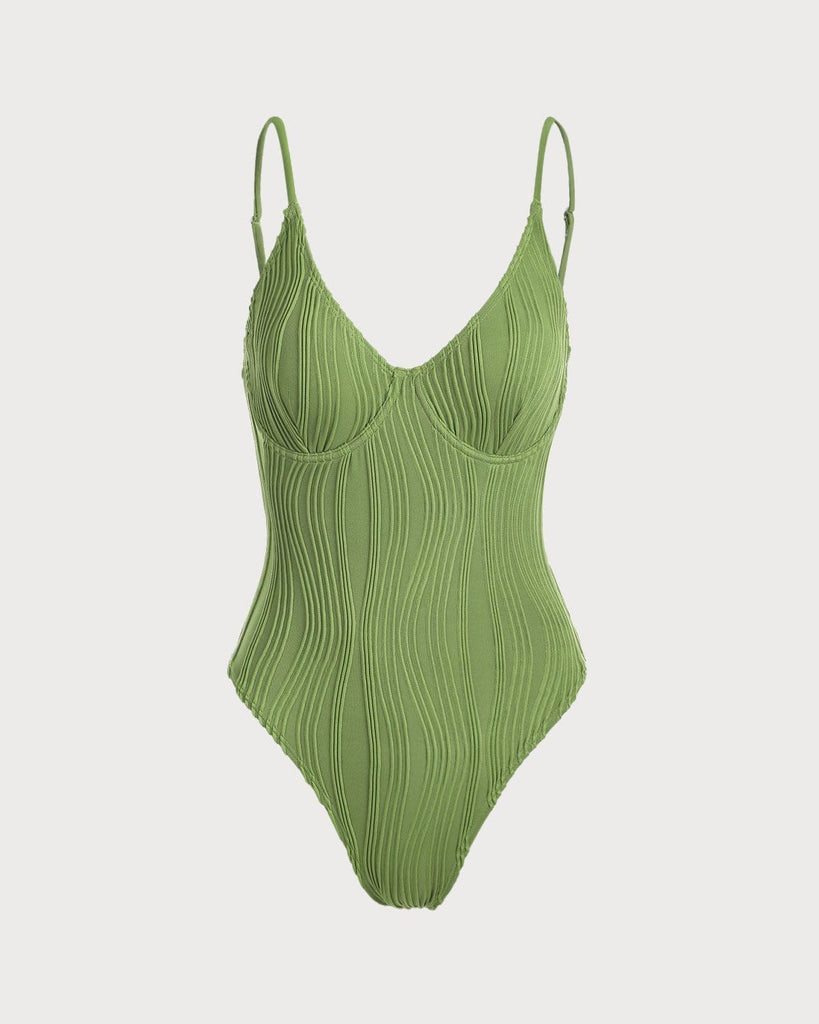 The Green V Neck Textured One-Piece Swimsuit Green One-Pieces - RIHOAS