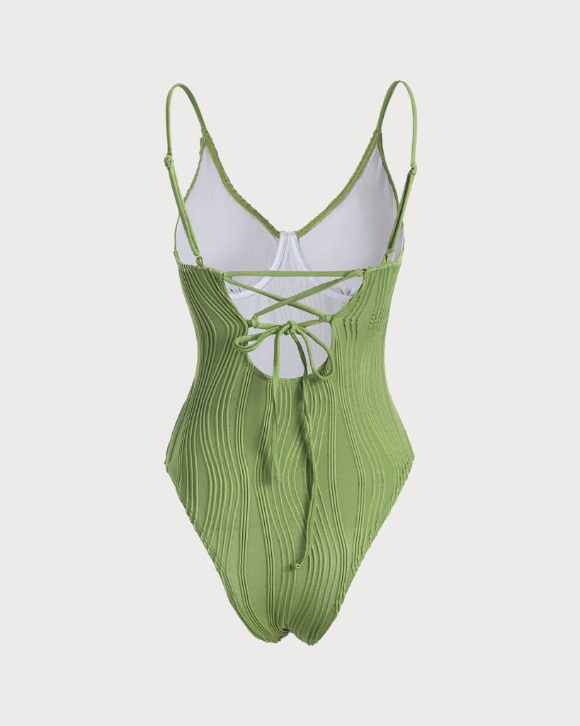 The Green V Neck Textured One-Piece Swimsuit One-Pieces - RIHOAS