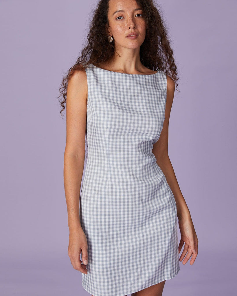 The Grey Boat Neck Plaid Mini Dress Grey Dresses - RIHOAS