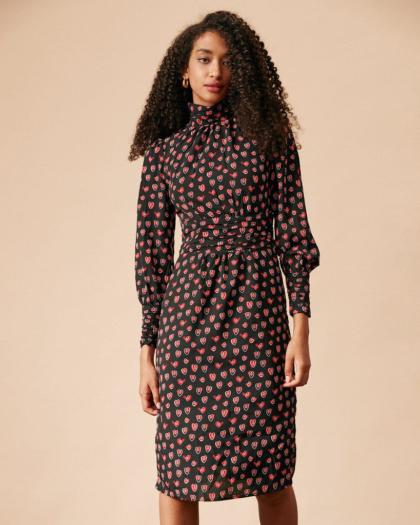 The Heart Print Shirred Midi Dress Dresses - RIHOAS