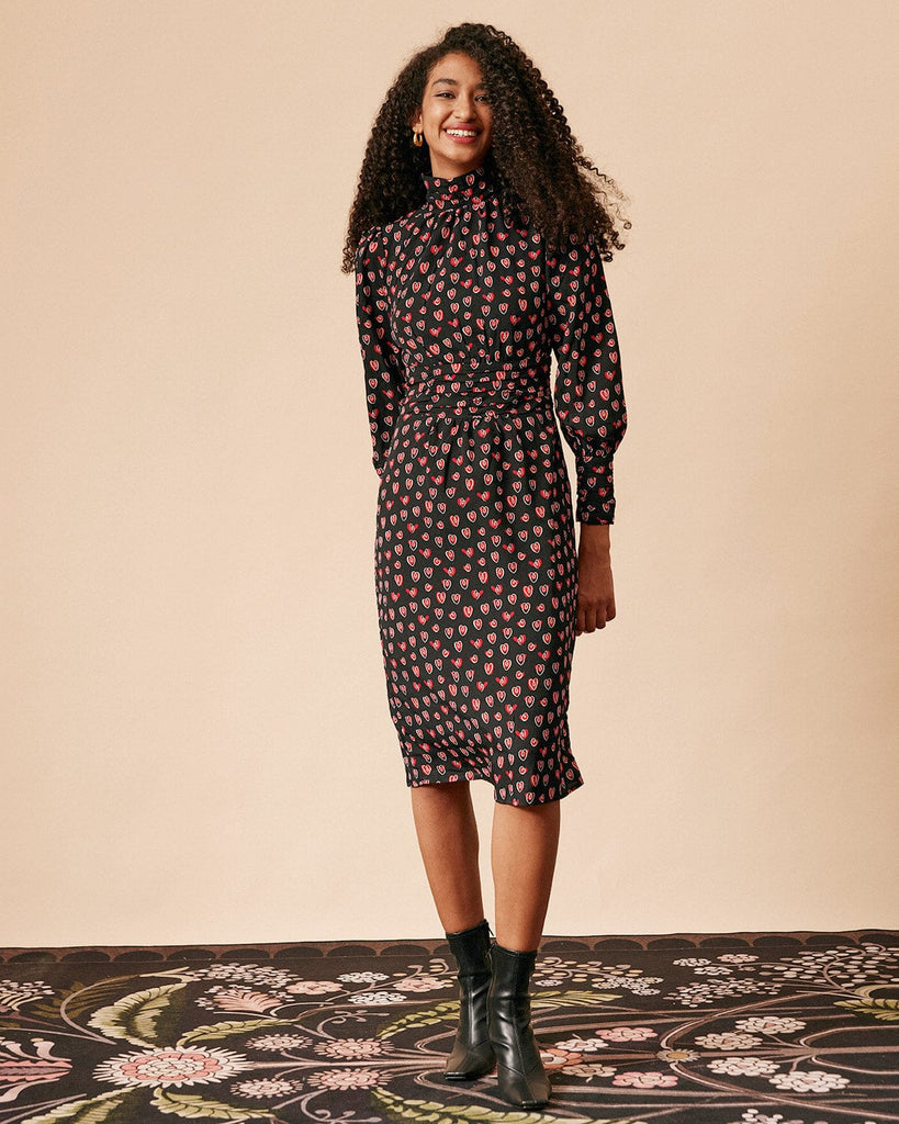 The Heart Print Shirred Midi Dress Dresses - RIHOAS