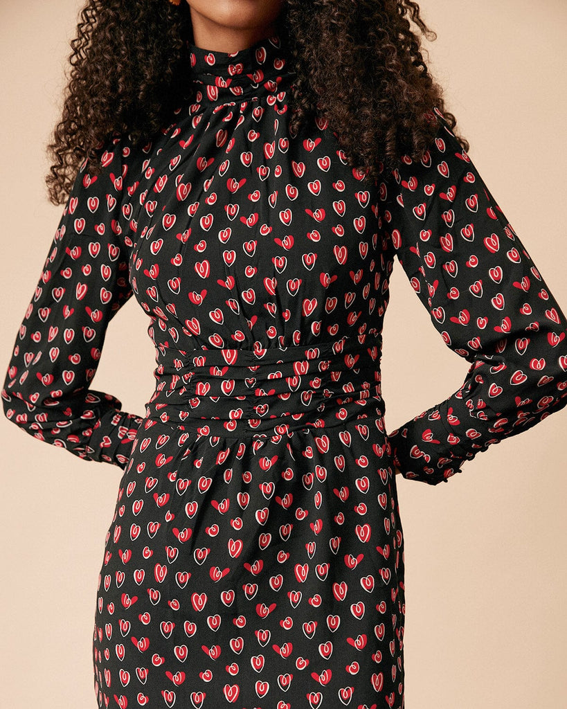 The Heart Print Shirred Midi Dress Dresses - RIHOAS