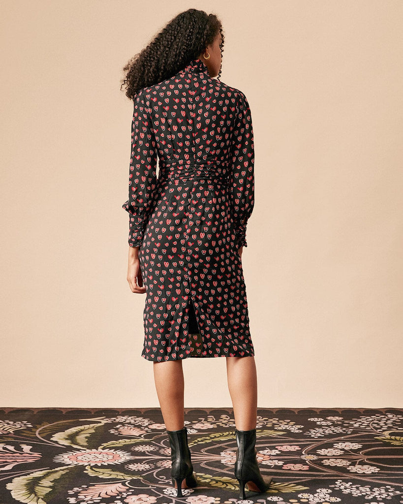 The Heart Print Shirred Midi Dress Dresses - RIHOAS