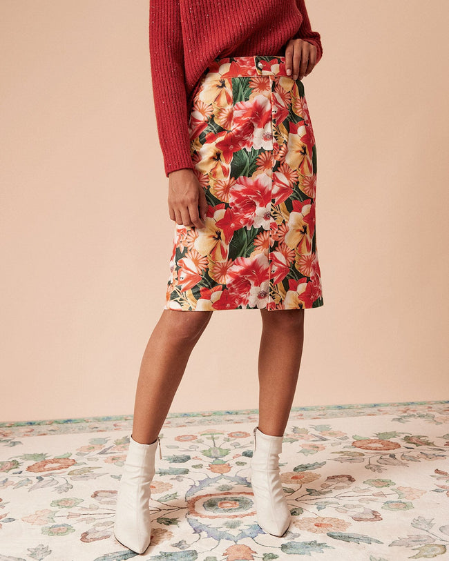 Women s Retro High Waisted Corduroy Floral Mini Pencil Skirt Multi Xs