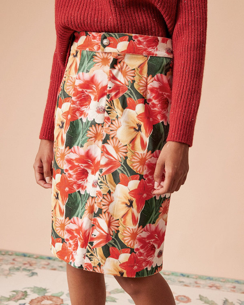 The High Waist Corduroy Floral Skirt Multi Bottoms - RIHOAS