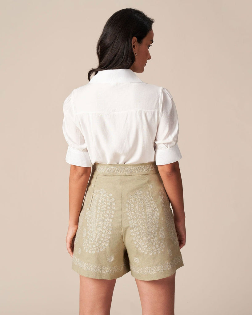 The High Waist Khaki Embroidery Shorts Bottoms - RIHOAS