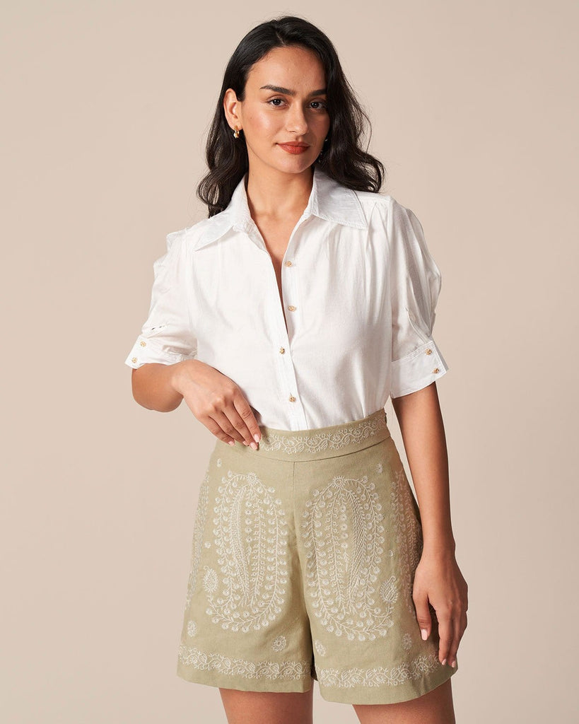 The High Waist Khaki Embroidery Shorts Bottoms - RIHOAS