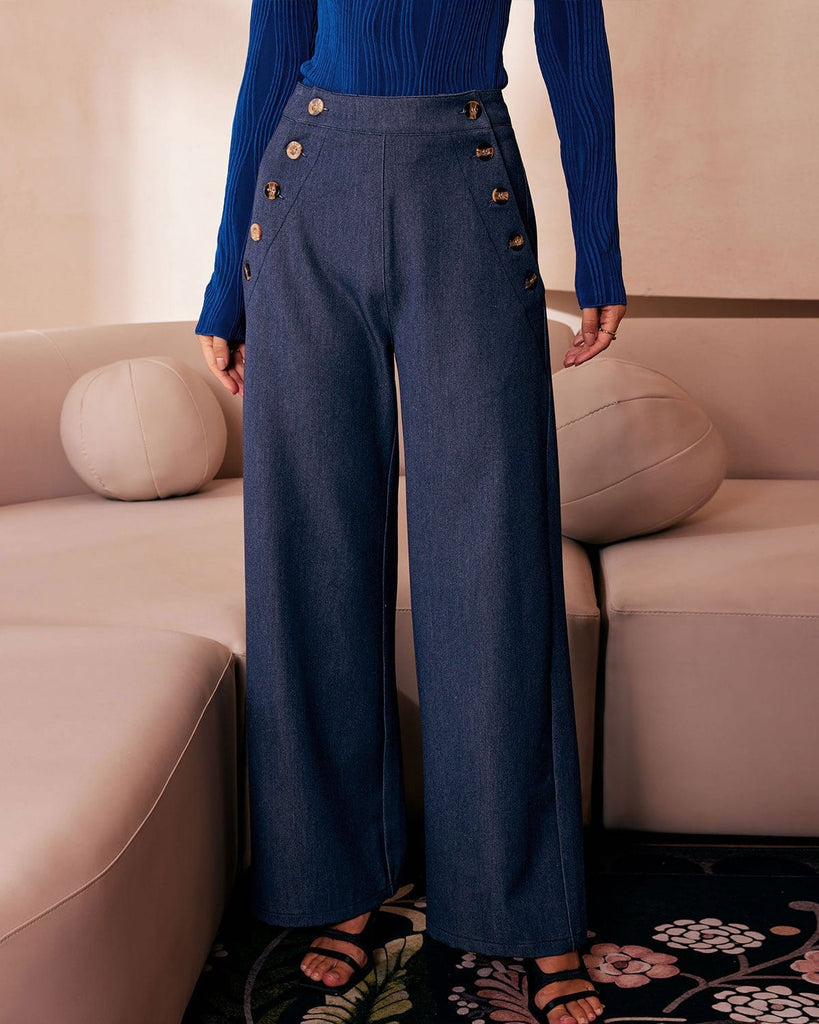 The High Waisted Button Fly Faux Jeans Blue Denim - RIHOAS