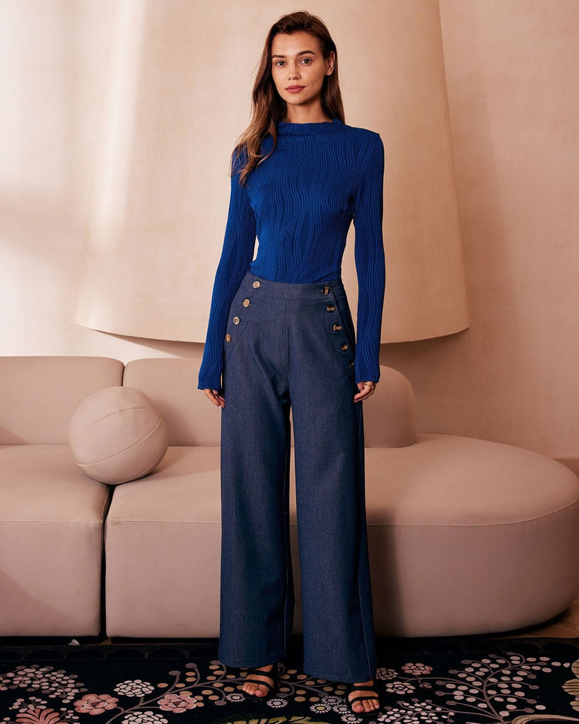 The High Waisted Button Fly Faux Jeans Denim - RIHOAS