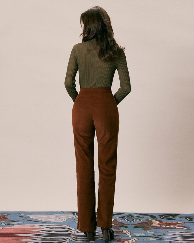 The Brown High Waisted Pockets Flare Pants & Reviews - Brown