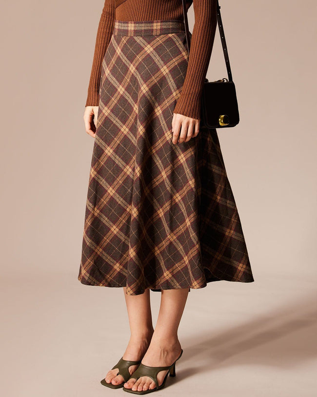 The Brown Elastic Waist Plaid A Line Midi Skirt Reviews Brown Bottoms RIHOAS