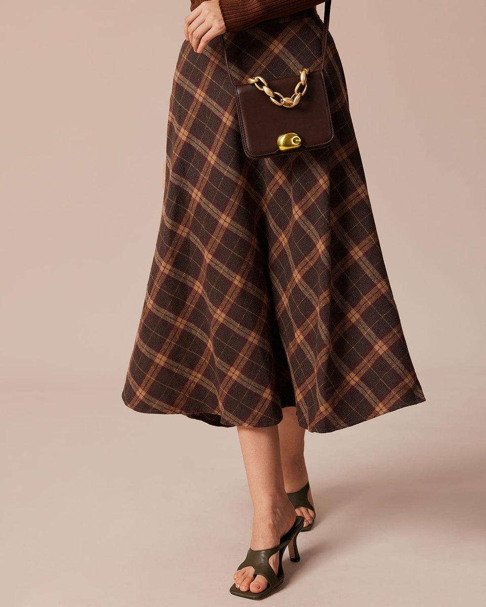 Brown plaid A-line midi work skirt with elastic waist, a comfortable business casual skirt