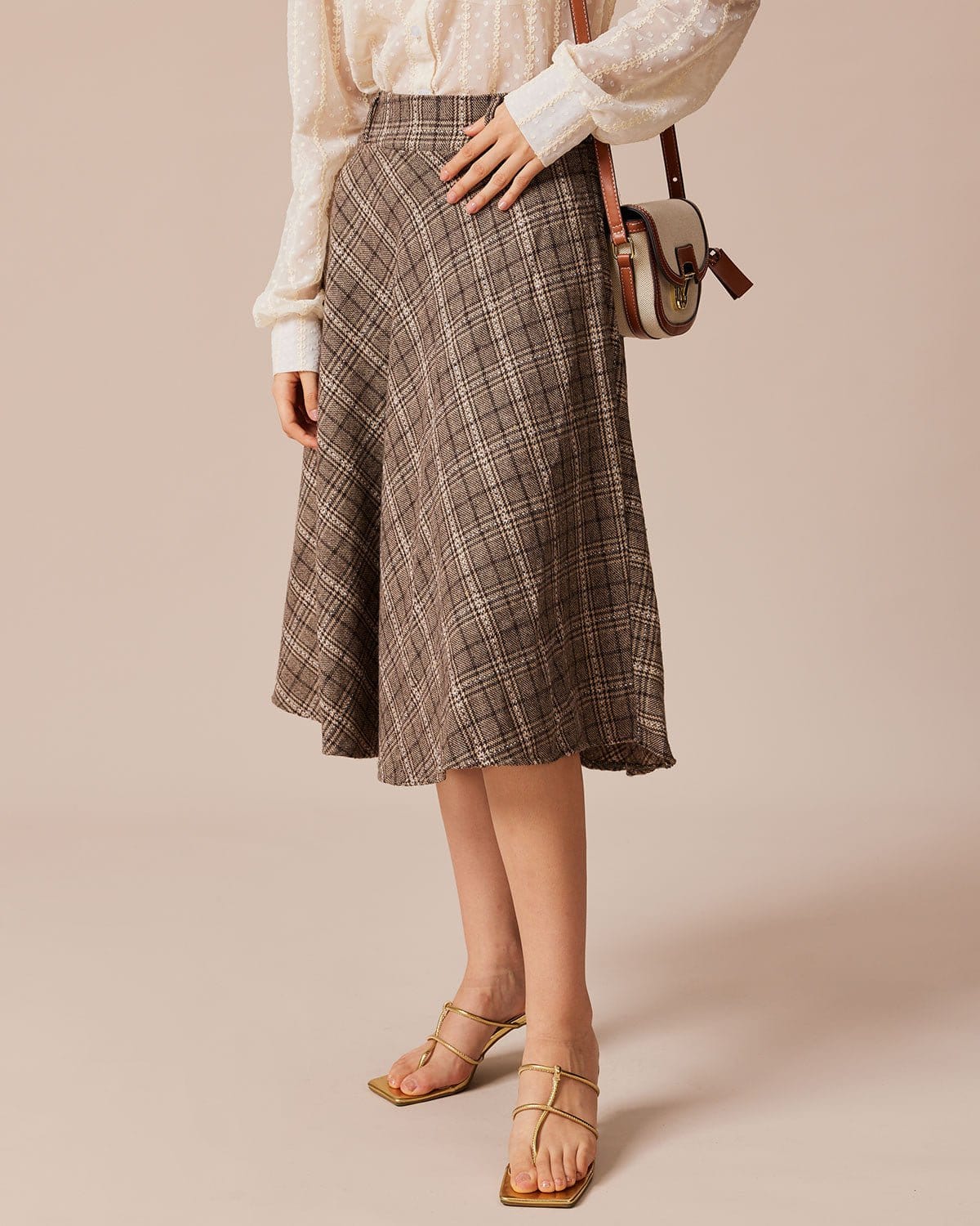 Plaid midi skirt brown top