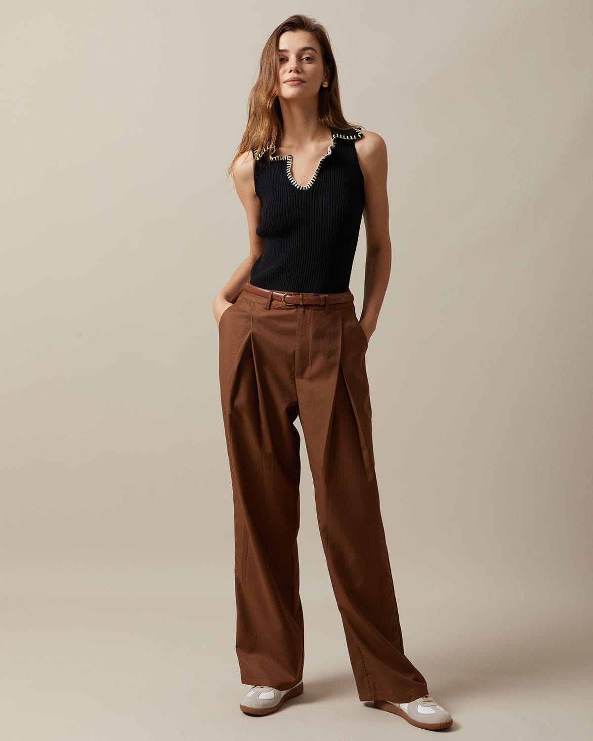 The Brown High Waisted Pleated Straight Pants - Women's High Waisted Pleated  Straight Leg Pants - Brown - Bottoms