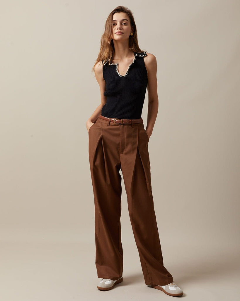 The High Waisted Pleated Straight Pants Bottoms - RIHOAS